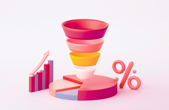 Marketing funnel optimization visualization with conversion charts and percentage metrics