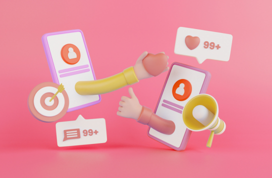 Creative marketing engagement illustration showing mobile devices with likes, hearts, engagement metrics and social media interactions